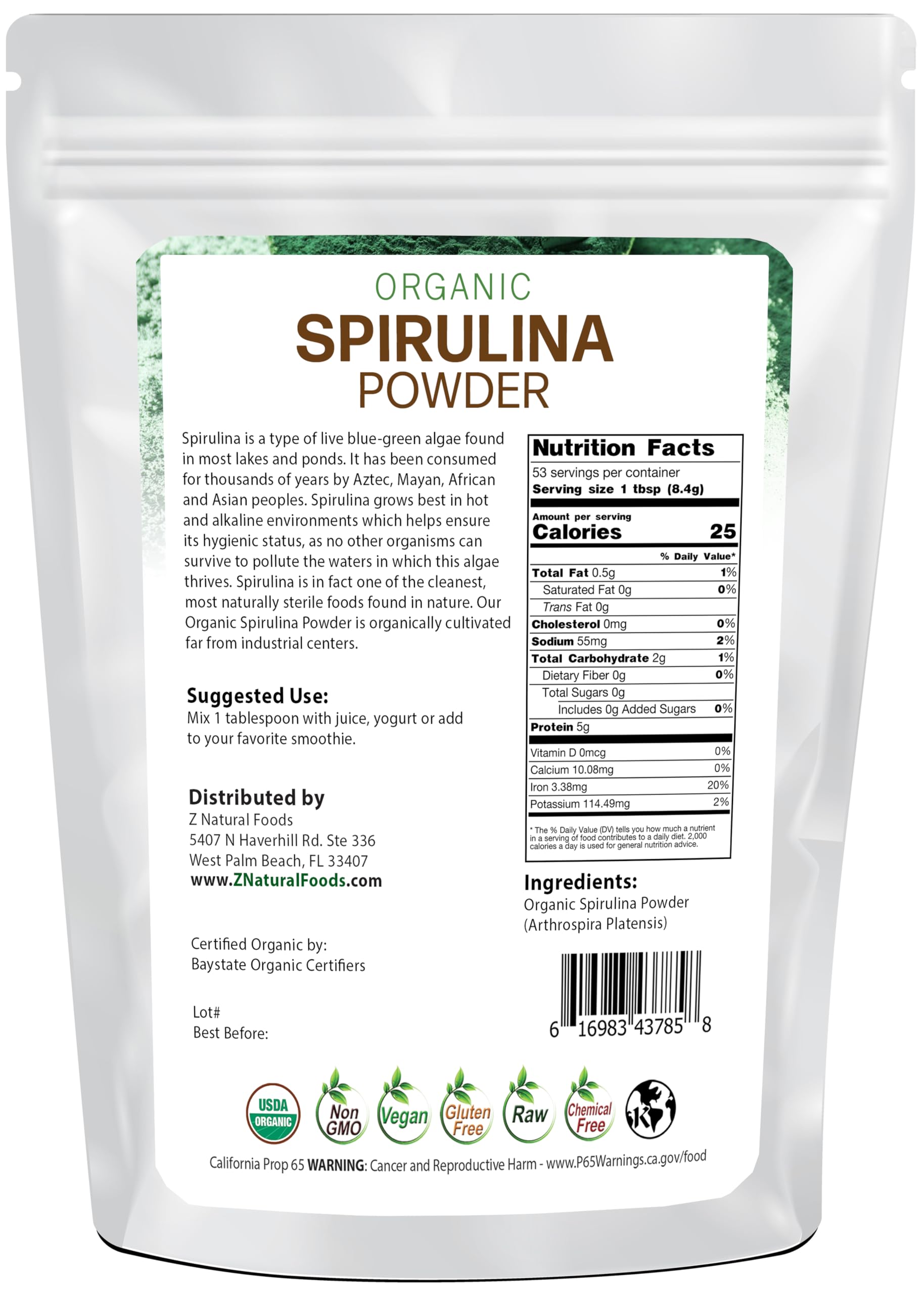 Spirulina powder bottle back label with organic certification