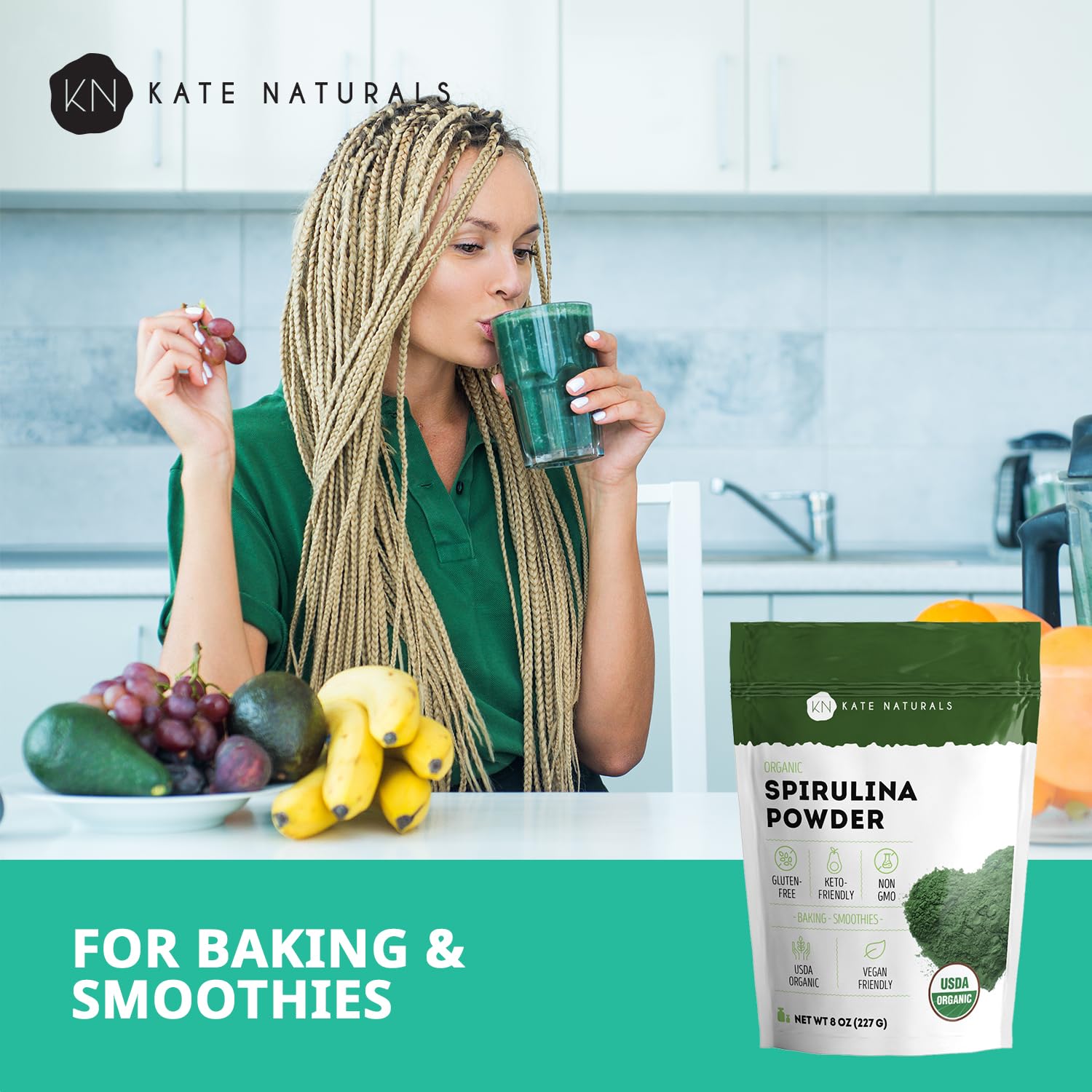 Spirulina powder with glass bowl and ingredients