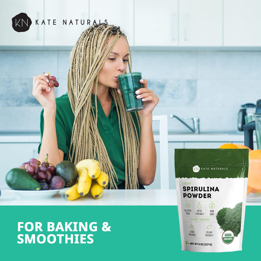 Spirulina powder with glass bowl and ingredients
