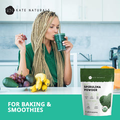 Spirulina powder with glass bowl and ingredients