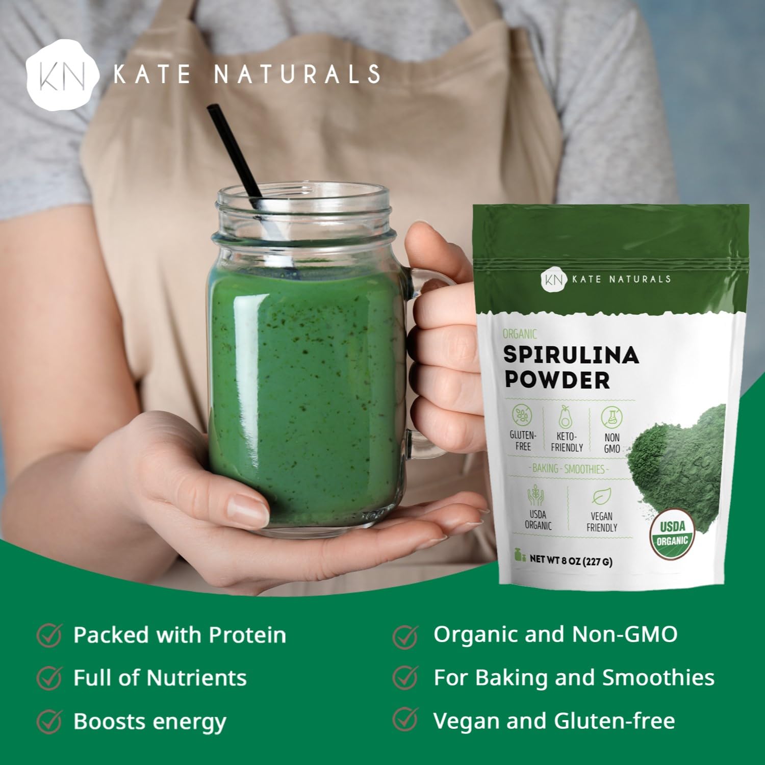 Scoop of spirulina powder in a glass