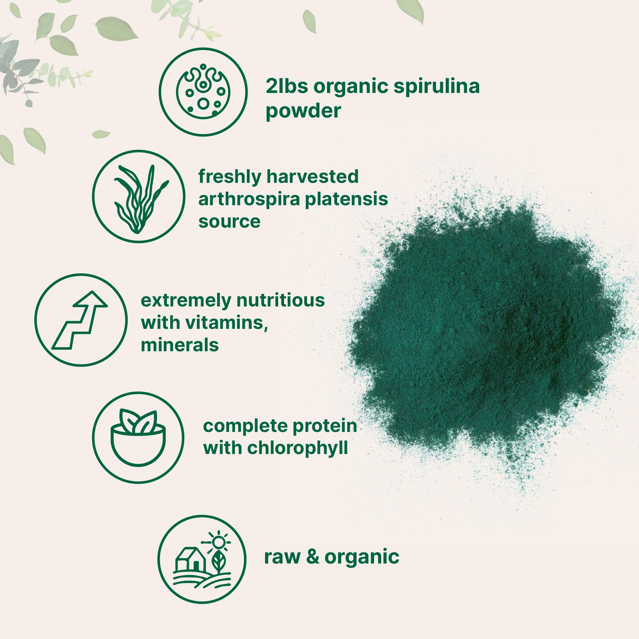 Filler-free vegan spirulina powder, no irradiants