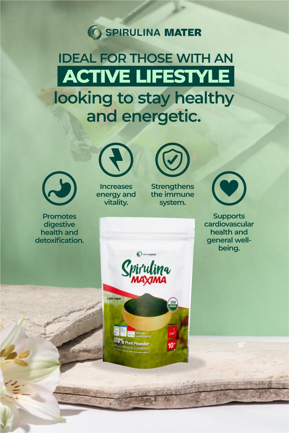 SpirulinaMater powder bottle on white background