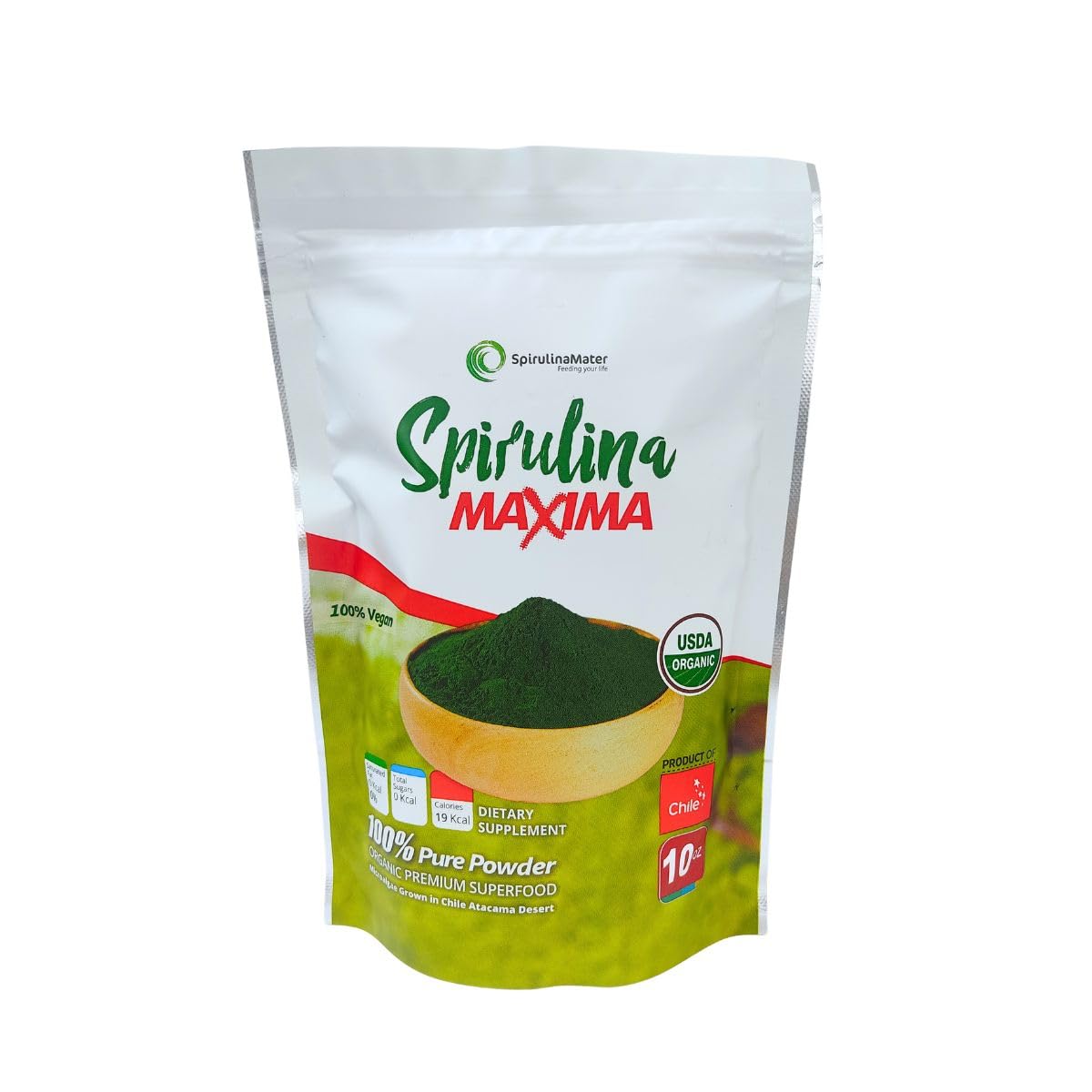 Front view of SpirulinaMater Spirulina Powder