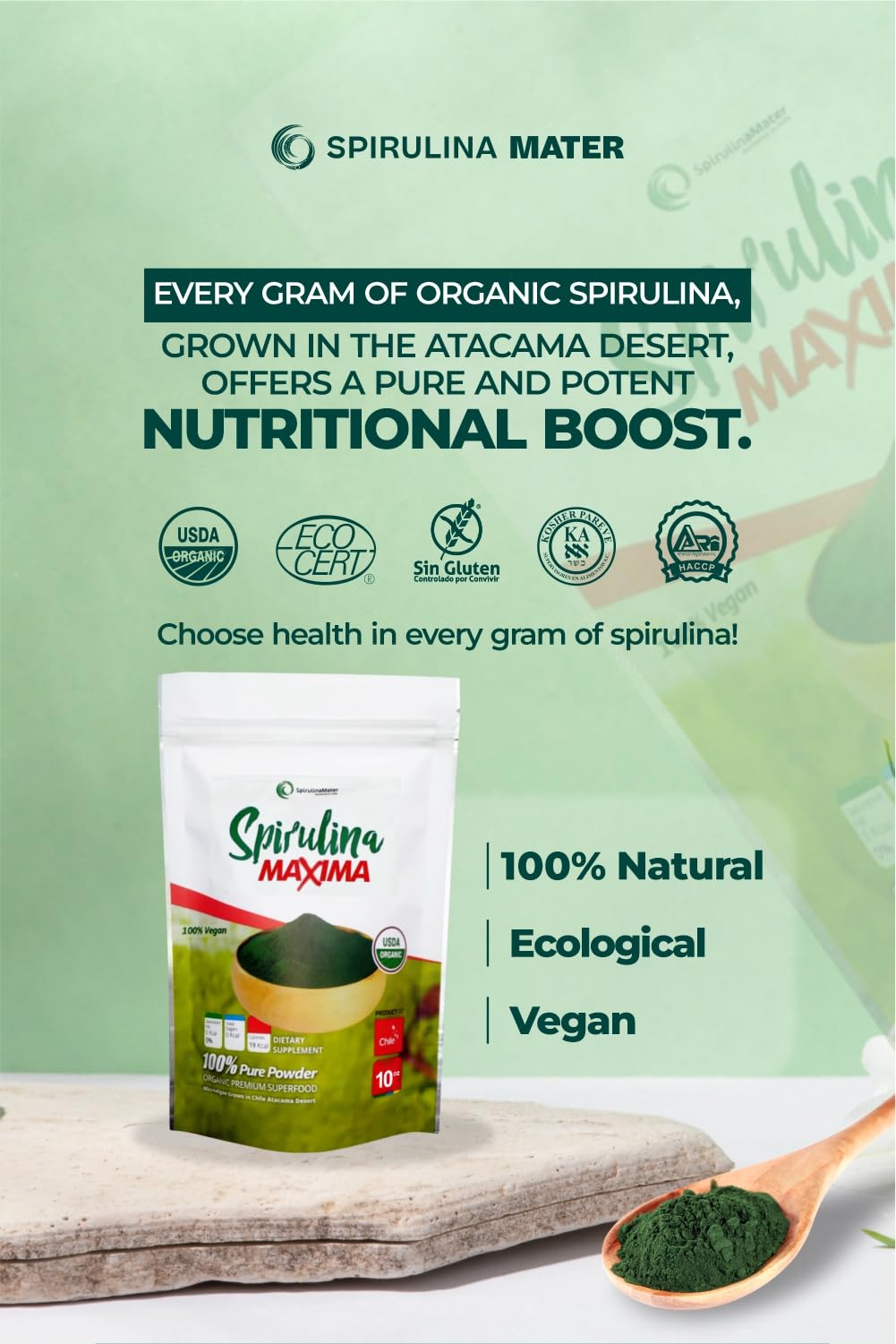 Close-up of SpirulinaMater powder label