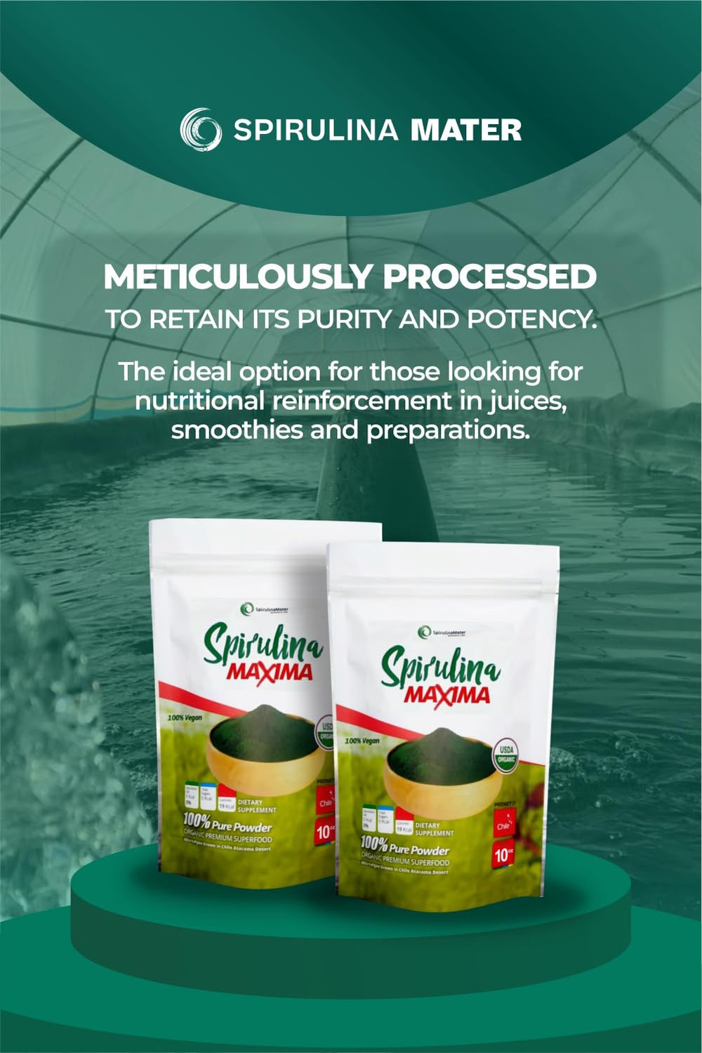 Nutritional facts panel of SpirulinaMater powder