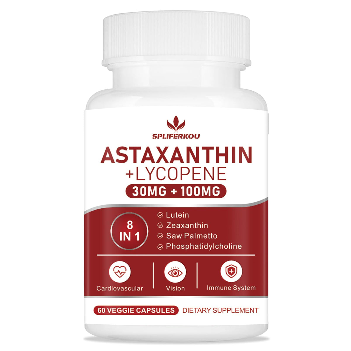 Bottle of Spliferkou Astaxanthin and Lycopene 70mg with 60 capsules