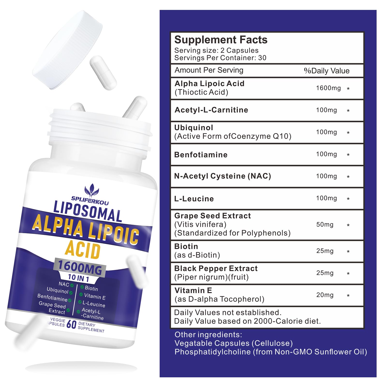 Close-up of Spliferkou Liposomal Alpha Lipoic Acid 1600mg capsules