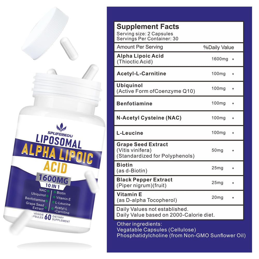 Close-up of Spliferkou Liposomal Alpha Lipoic Acid 1600mg capsules