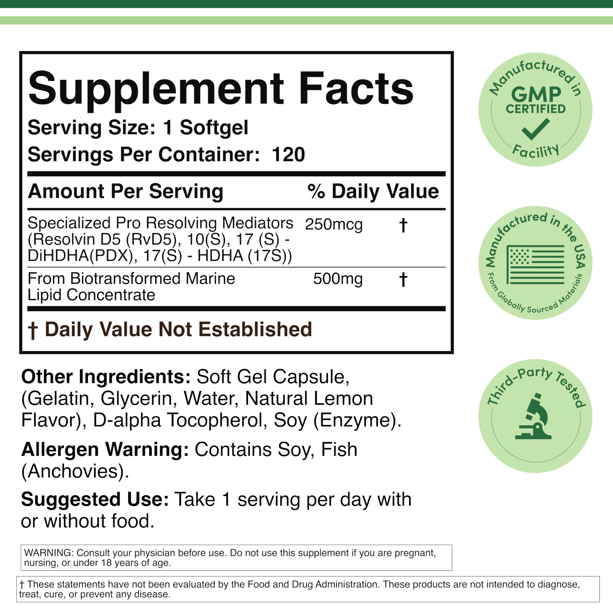 Close-up of SPM Max label and 250mcg SPM claim