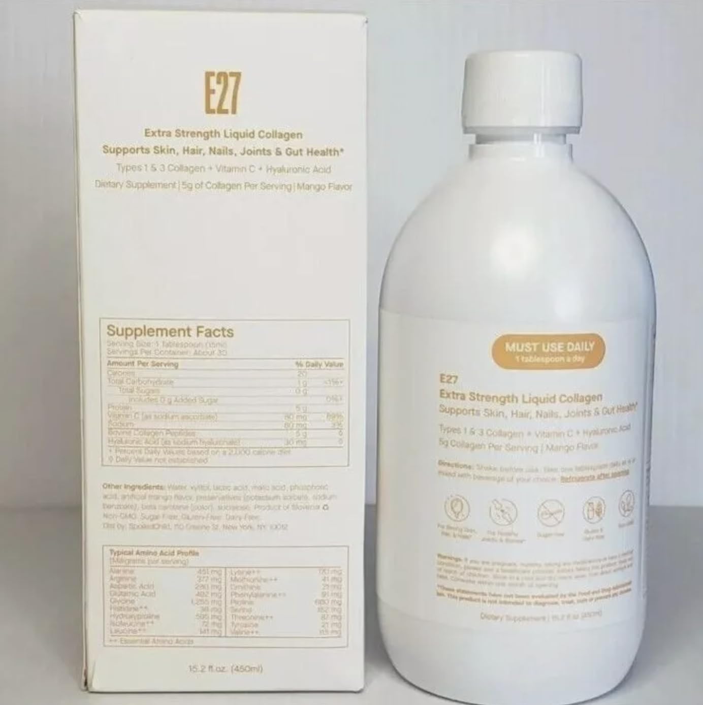 Label of SpoiledChild Liquid Collagen Mango with vitamin C and hyaluronic acid