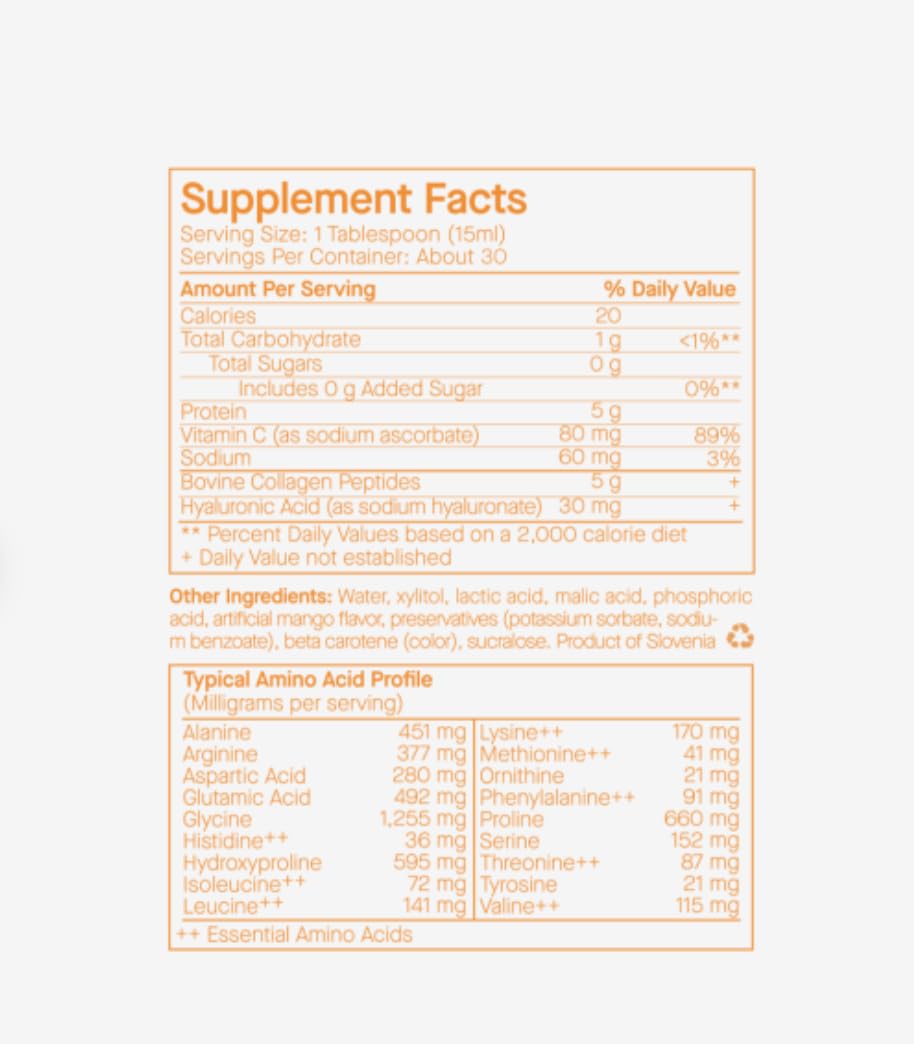Bottle label highlighting Vitamin C and Hyaluronic Acid