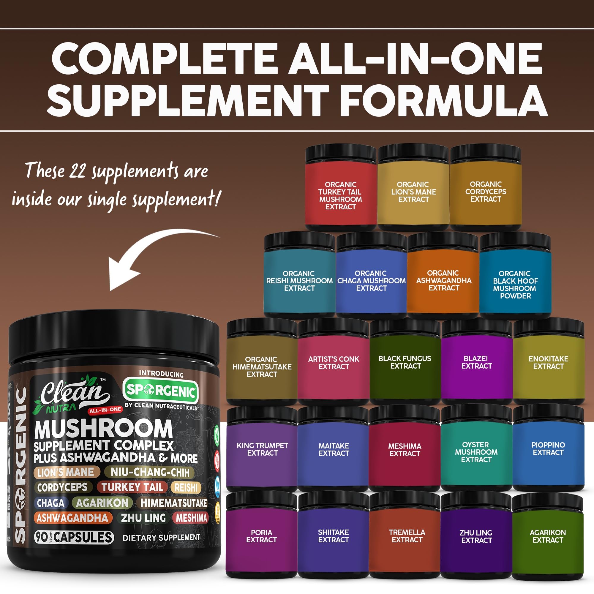 Ashwagandha, Lions Mane and Turkey Tail ingredients in Sporgenic
