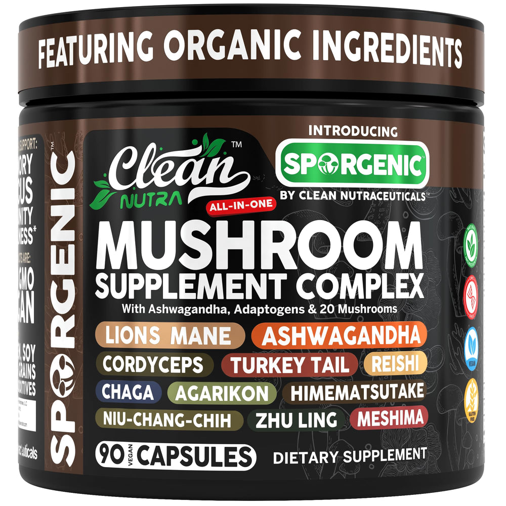 Sporgenic Organic Mushroom Supplement bottle with diverse mushroom blend