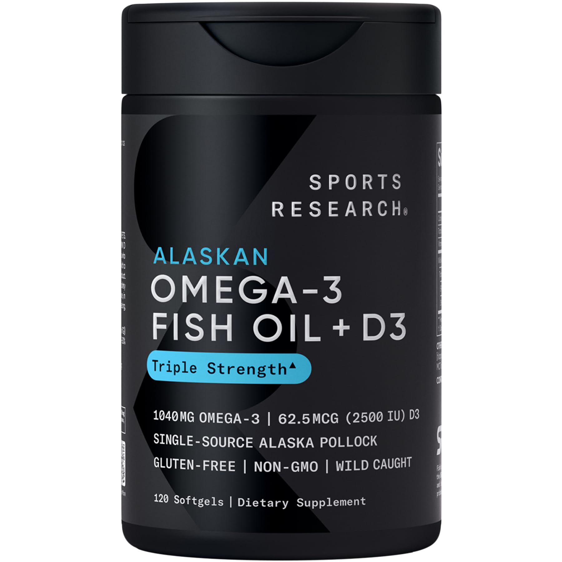 Sports Research Alaskan Omega-3 + Vitamin D3 softgels bottle – front view