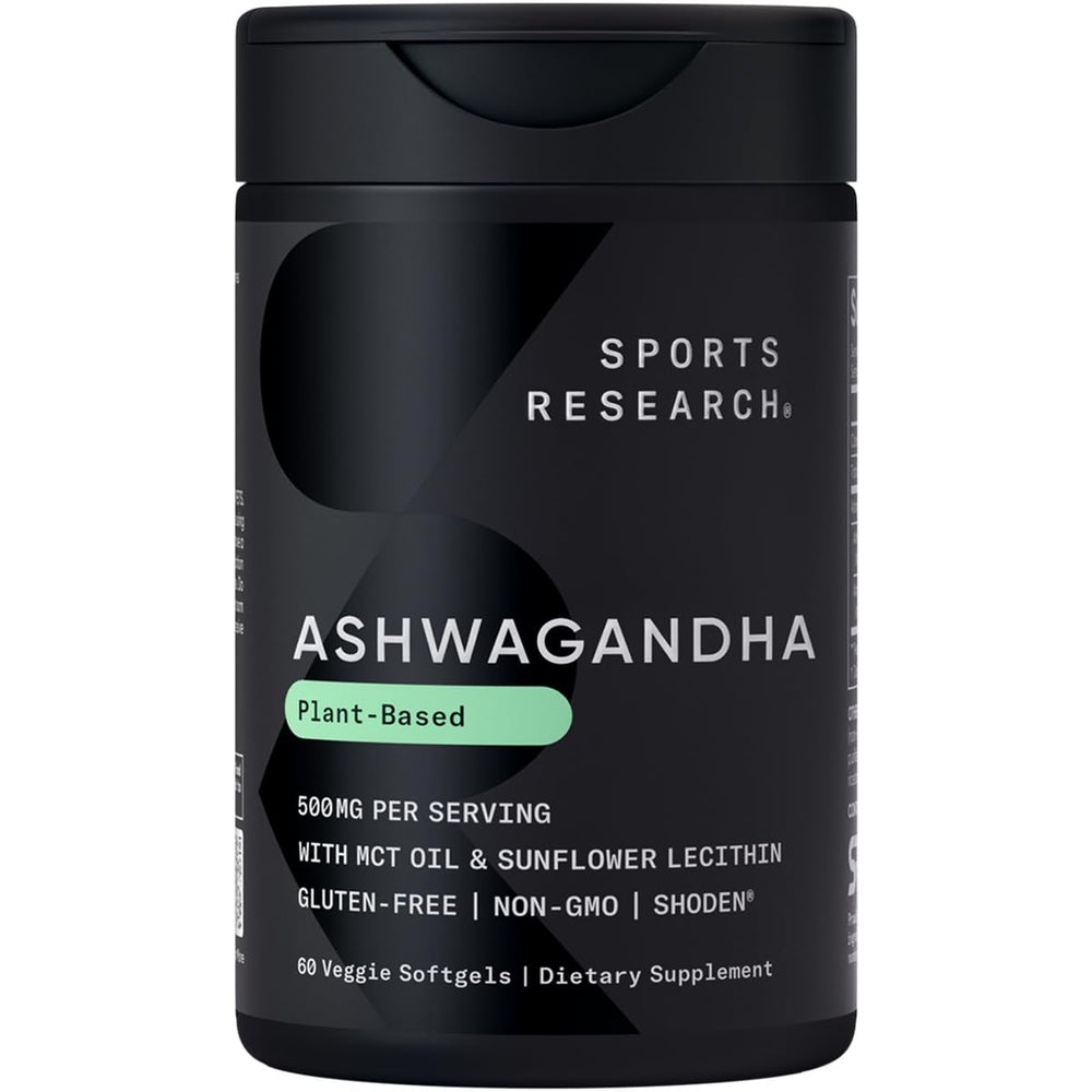 Front view of Sports Research Ashwagandha Softgels bottle with Coconut MCT Oil