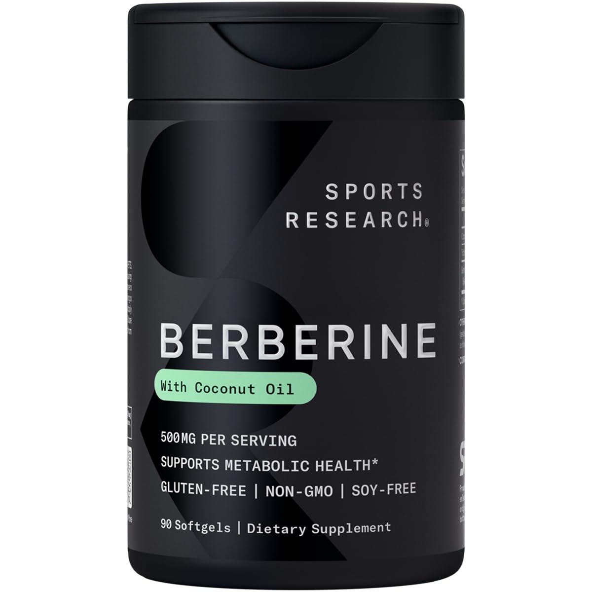 Front view of Sports Research Berberine softgels bottle with coconut oil