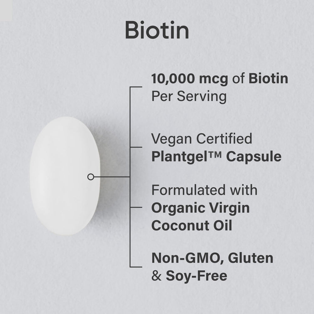 Sports Research Biotin 10,000mcg veggie softgels promote daily energy metabolism.