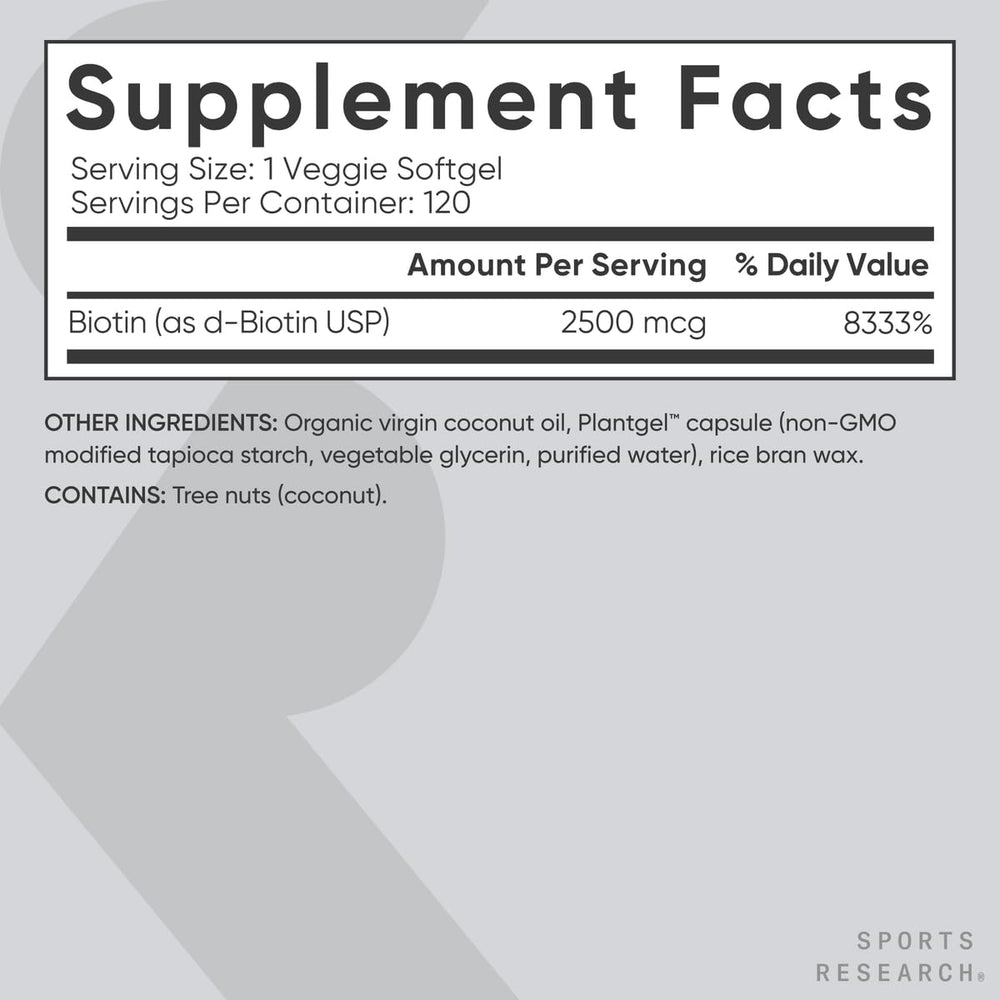 Nutrition facts panel of Sports Research Biotin bottle
