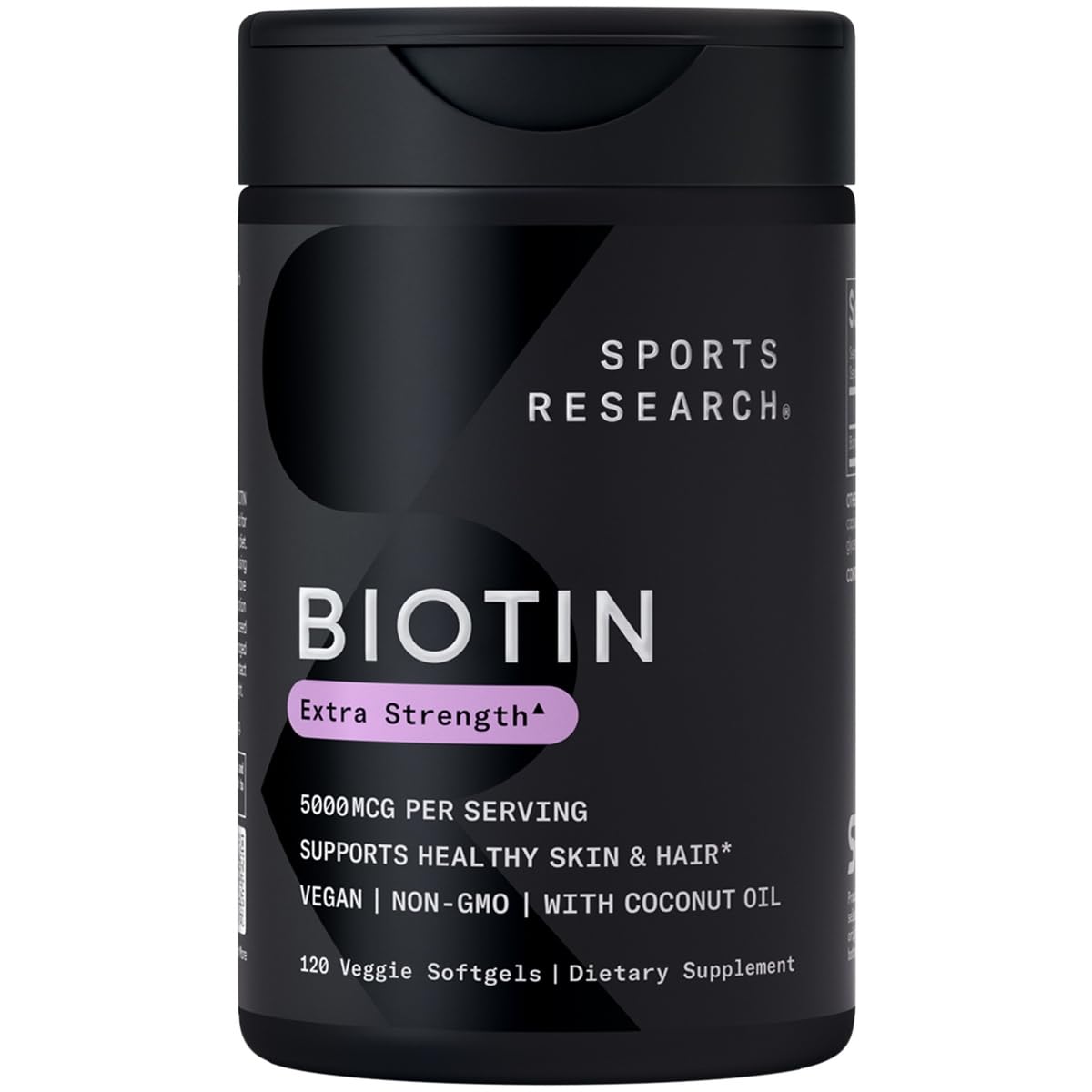 Sports Research Biotin 5,000mcg bottle with coconut oil softgels for hair and skin support.