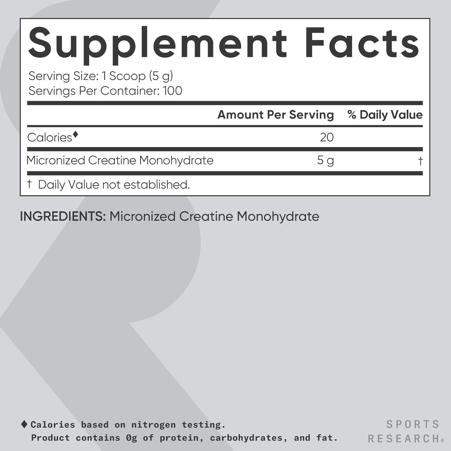 Sports Research Creatine Monohydrate label highlighting verification and testing