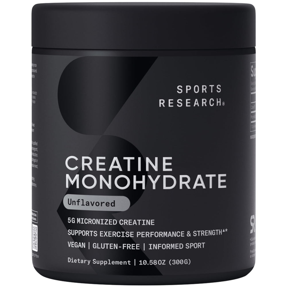 Sports Research Creatine Monohydrate powder bottle ready for strength training.