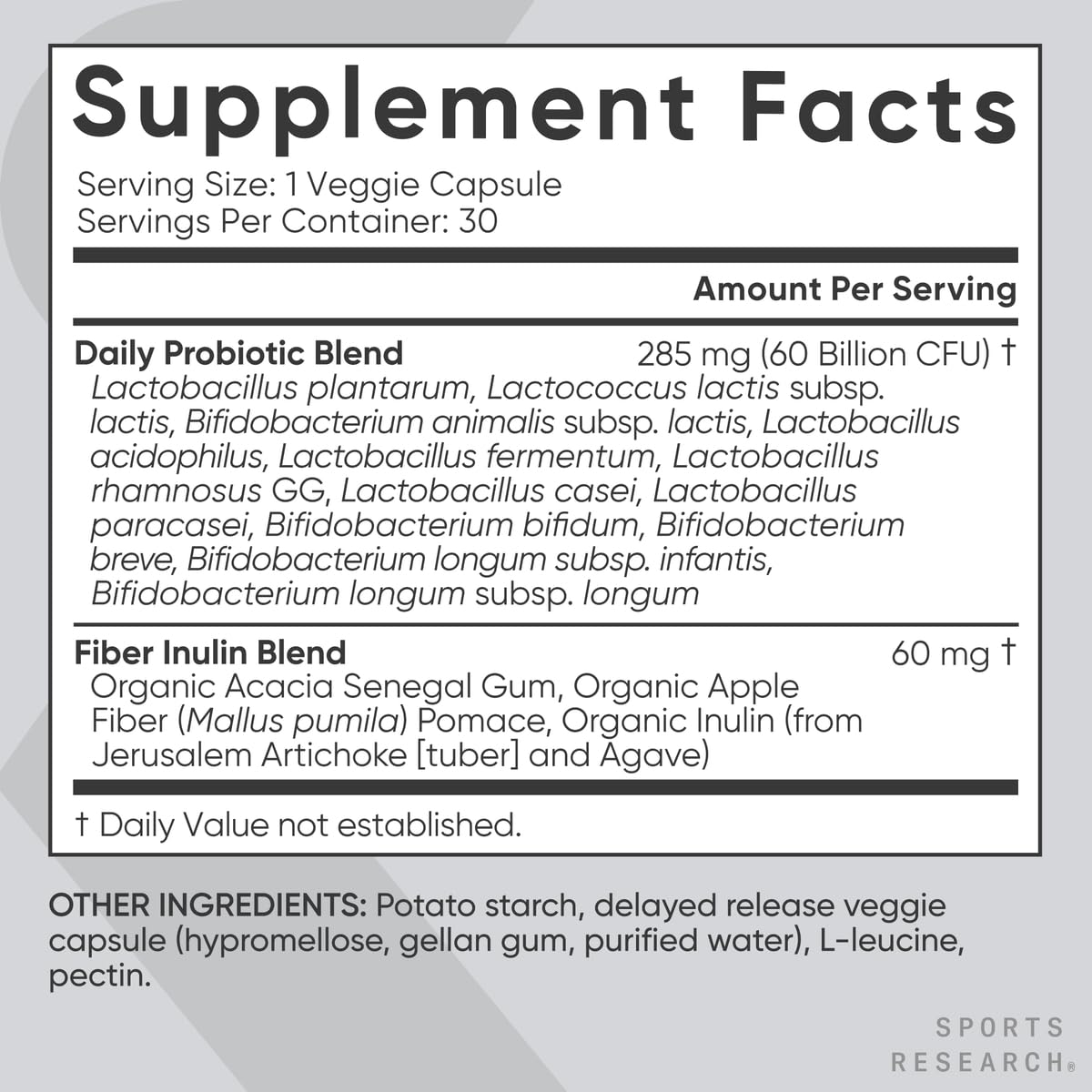 Non-GMO verified and gluten-free probiotic supplement label