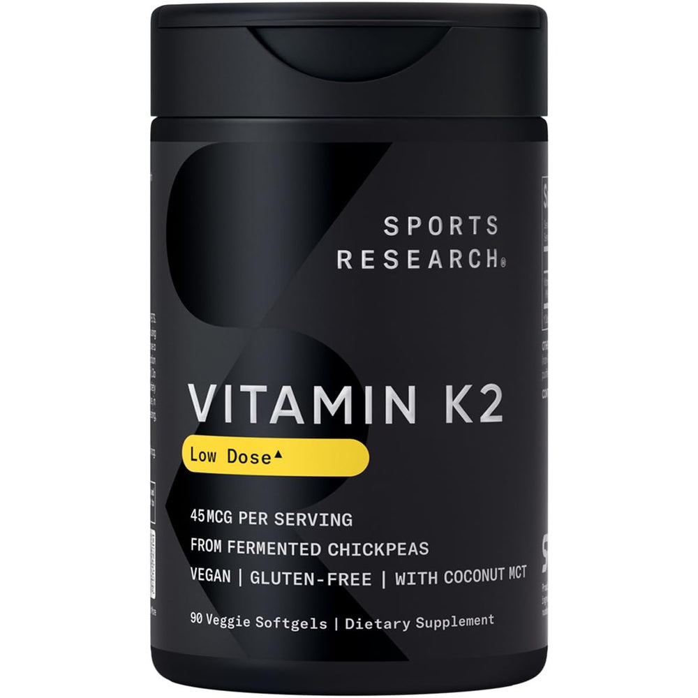 Front view of Sports Research Vitamin K2 MK-7 45mcg softgels bottle with UV-protected PlantGel