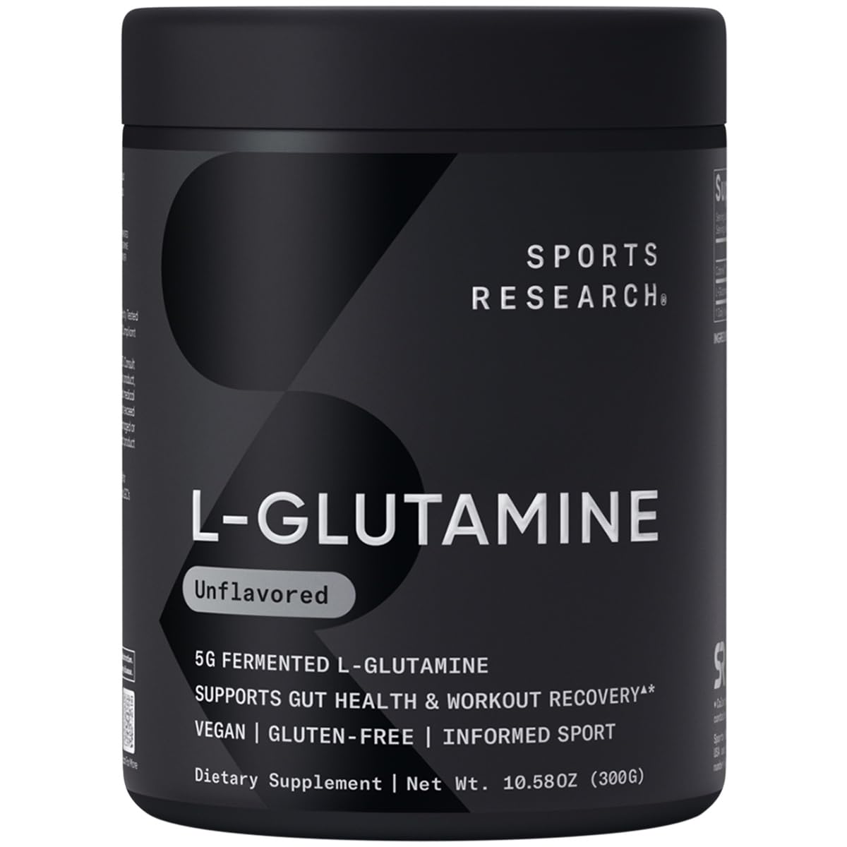 Sports Research L-Glutamine bottle label close-up, 5 g per serving