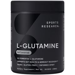 Sports Research L-Glutamine bottle label close-up, 5 g per serving