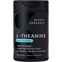Sports Research L-Theanine 200mg capsule with organic coconut oil bottle