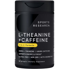 Hero image: Sports Research L-Theanine + Caffeine Softgels bottle on white background