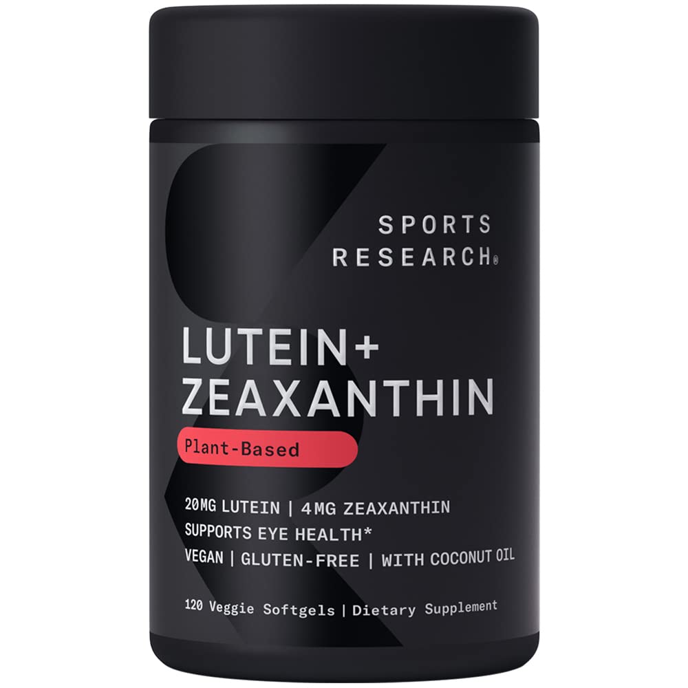 Front view of Sports Research Lutein + Zeaxanthin bottle with label emphasizing eye health