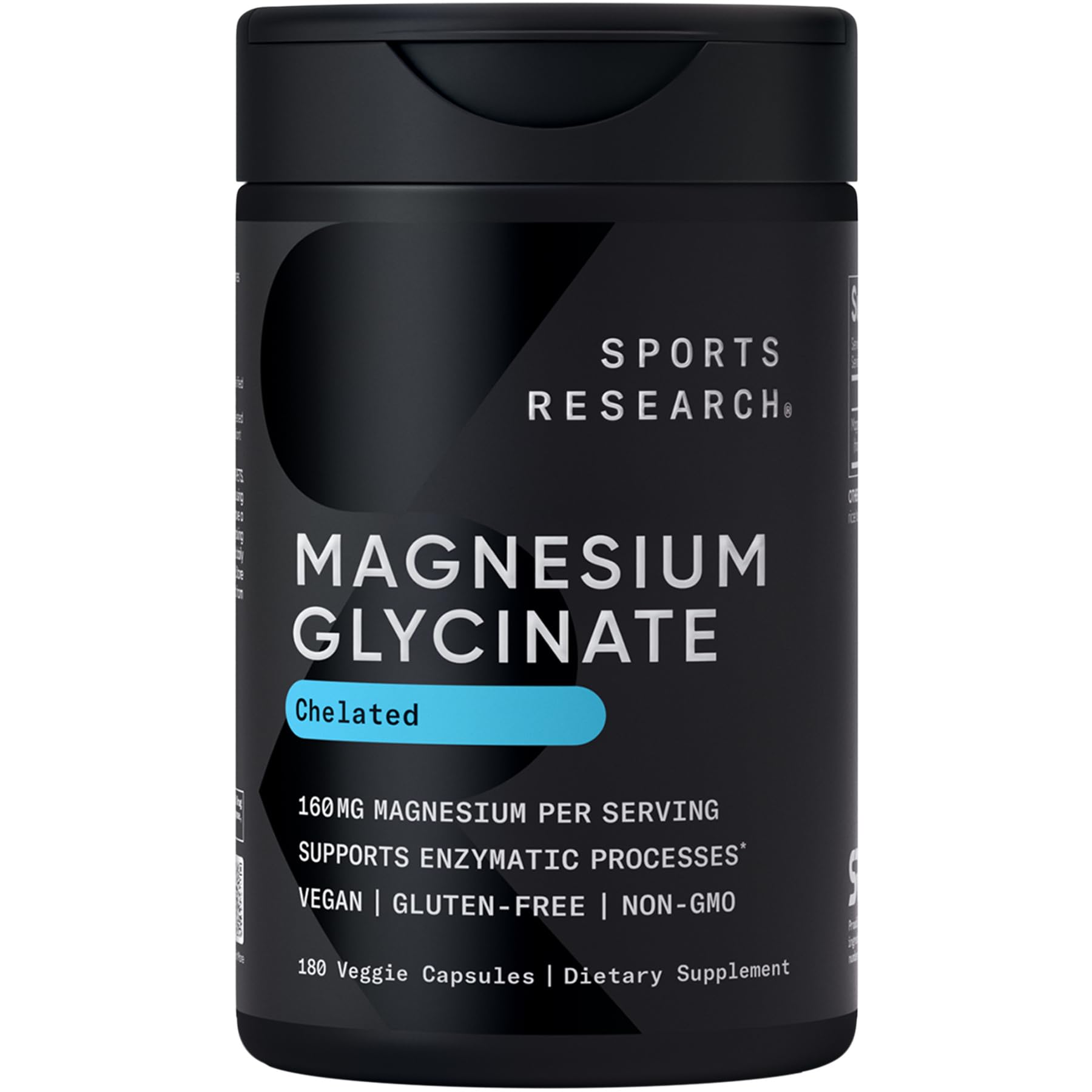 Sports Research Magnesium Glycinate bottle label emphasizes vegan formula for sleep support.