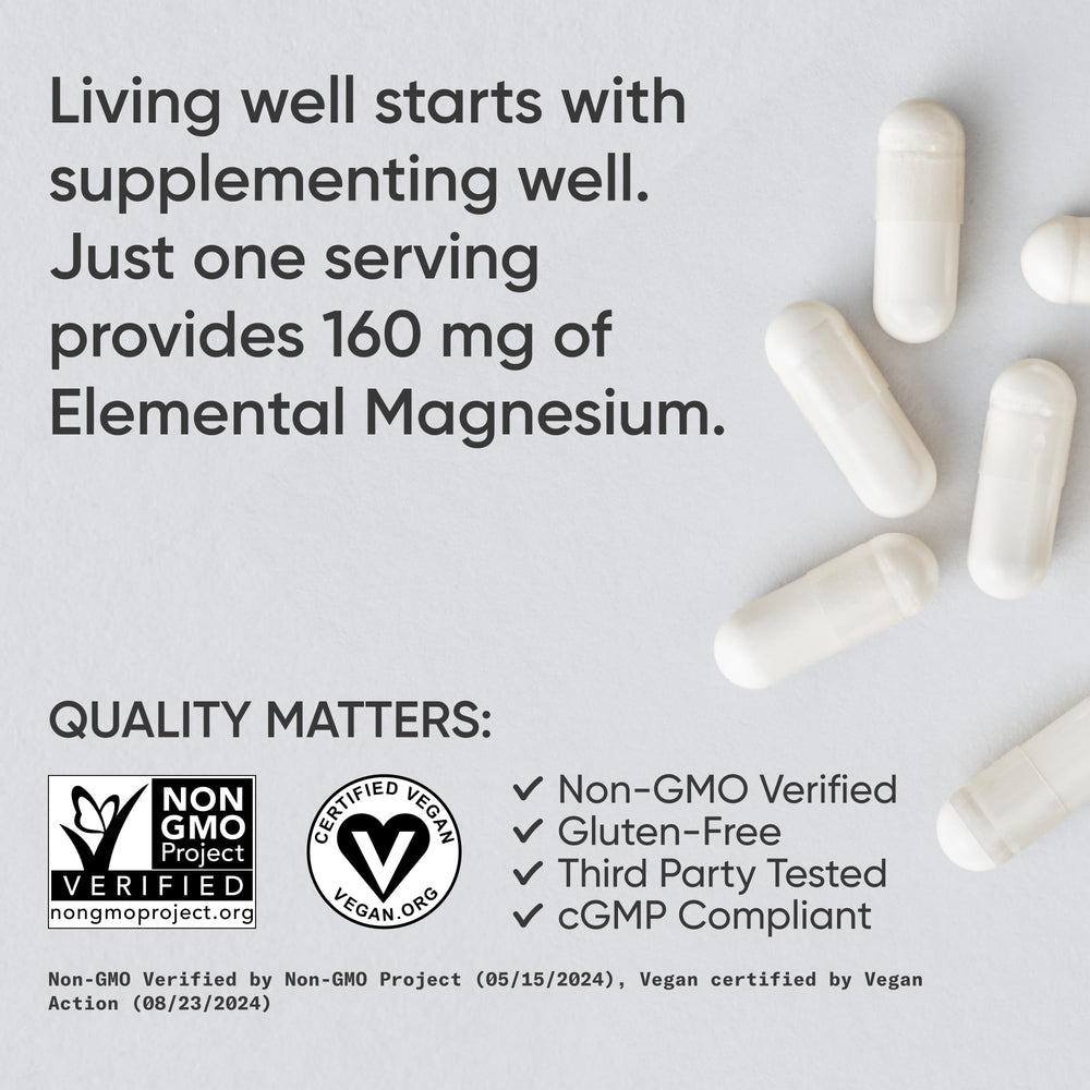 Sports Research Magnesium Glycinate capsules pouring from bottle emphasizing absorption-friendly formula.