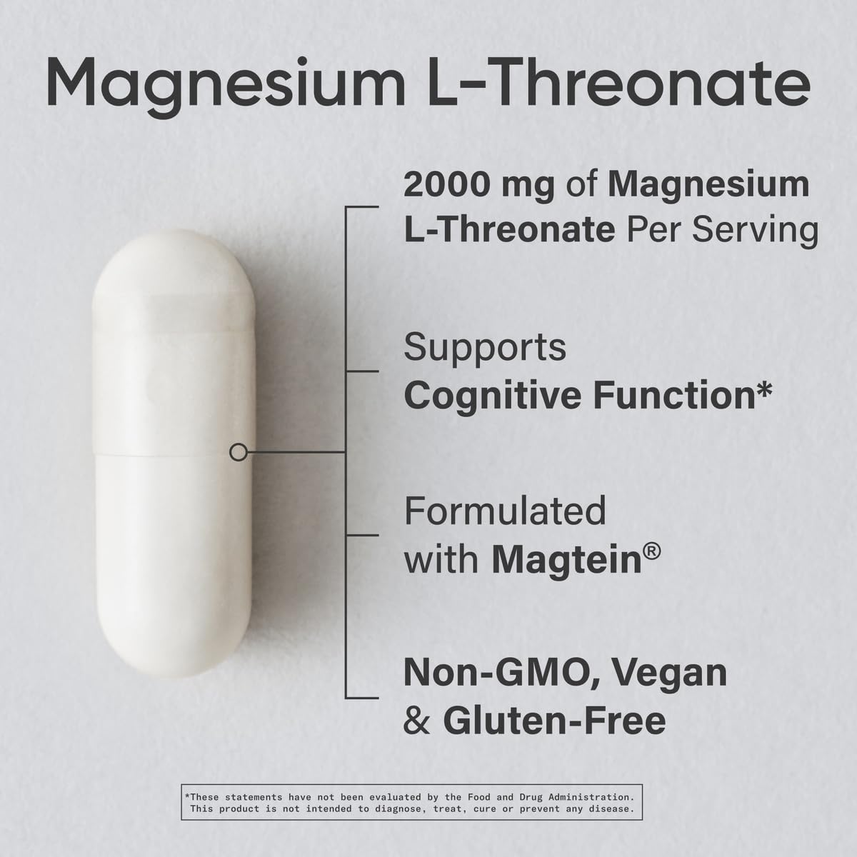 Sports Research Magnesium L-Threonate capsules closeup highlighting easy-to-swallow veggie capsules.