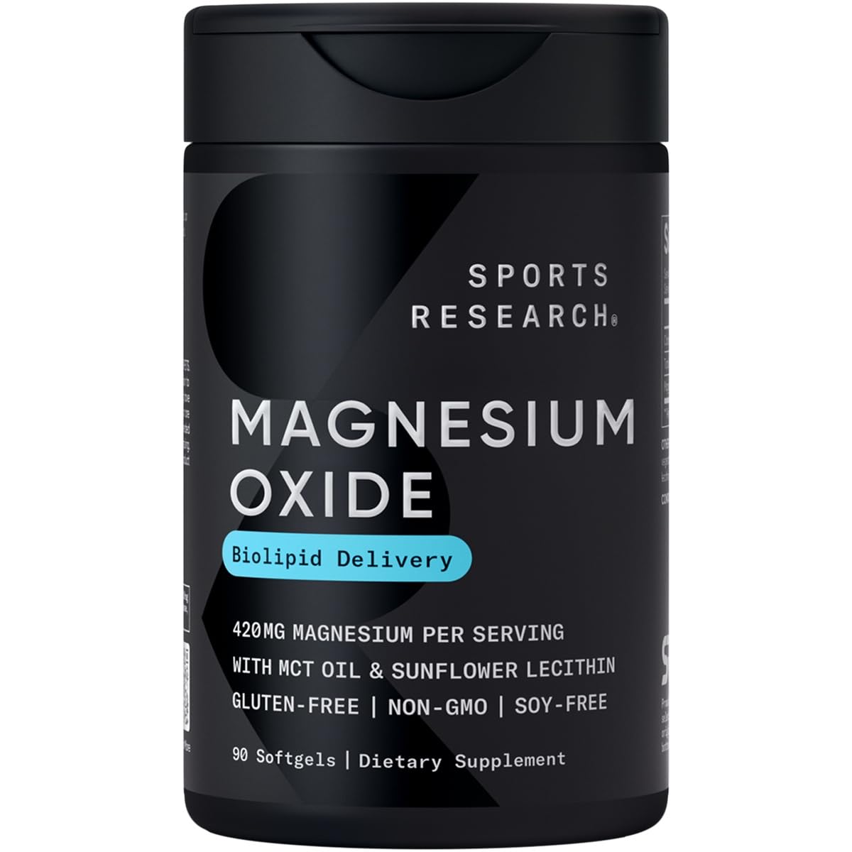 Product bottle front of Sports Research Magnesium Oxide 420mg with Coconut MCT Oil