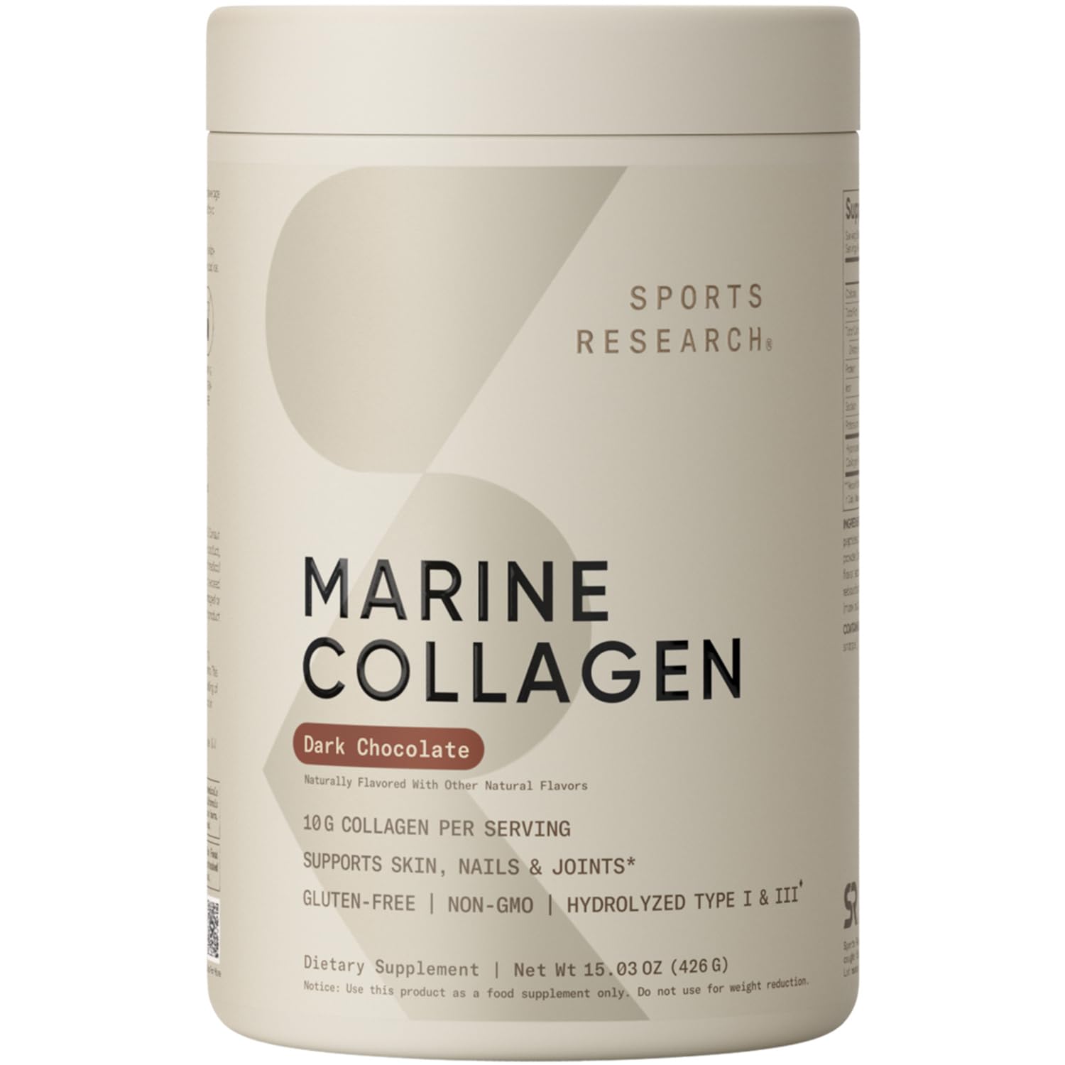Front view of Sports Research Marine Collagen Peptides Dark Chocolate tub