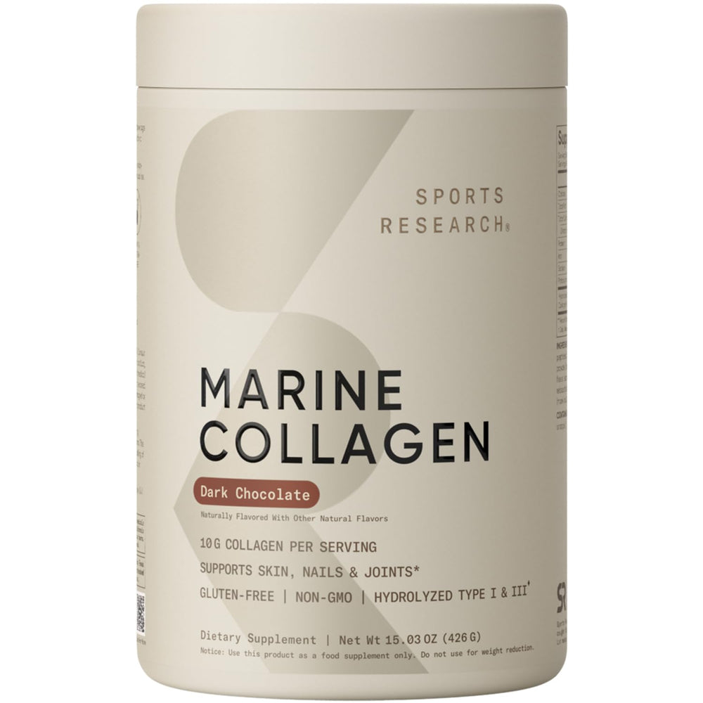 Front view of Sports Research Marine Collagen Peptides Dark Chocolate tub