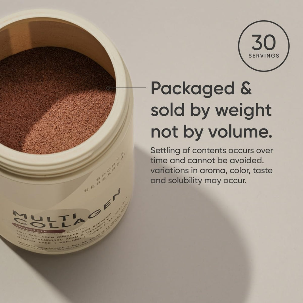 Scoop of collagen powder with information about servings