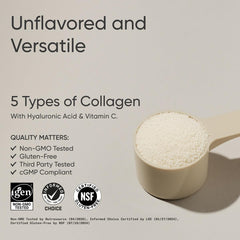 Unflavored collagen powder scoop against white background