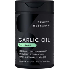 Bottle of Sports Research Odorless Garlic Oil Pills with parsley and chlorophyll label