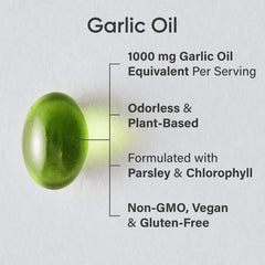 Close-up of odorless garlic oil softgels