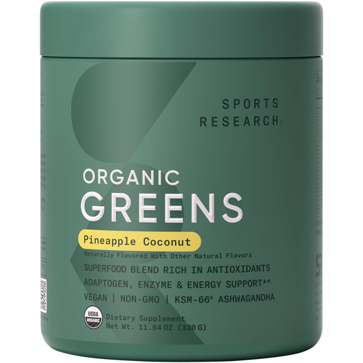 Sports Research Organic Greens Pineapple Coconut powder container – front view