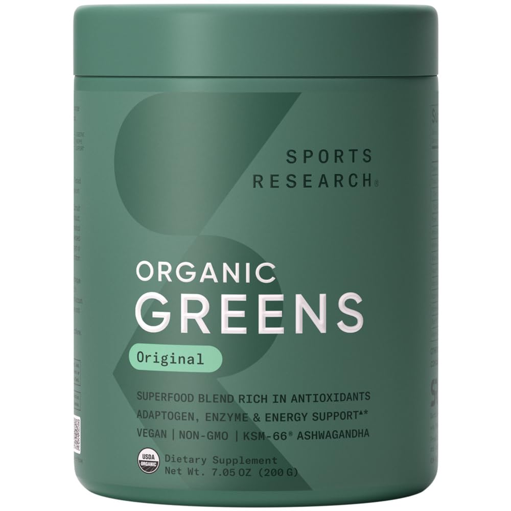 Original flavor Sports Research Organic Greens Powder container with spirulina and chlorella