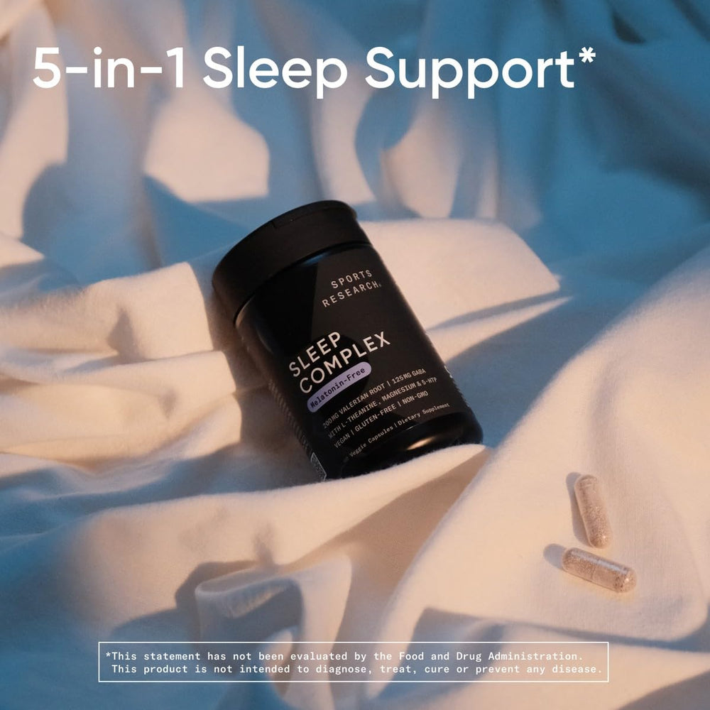 Close-up of Sleep Complex ingredients panel featuring L-Theanine and GABA for wind-down
