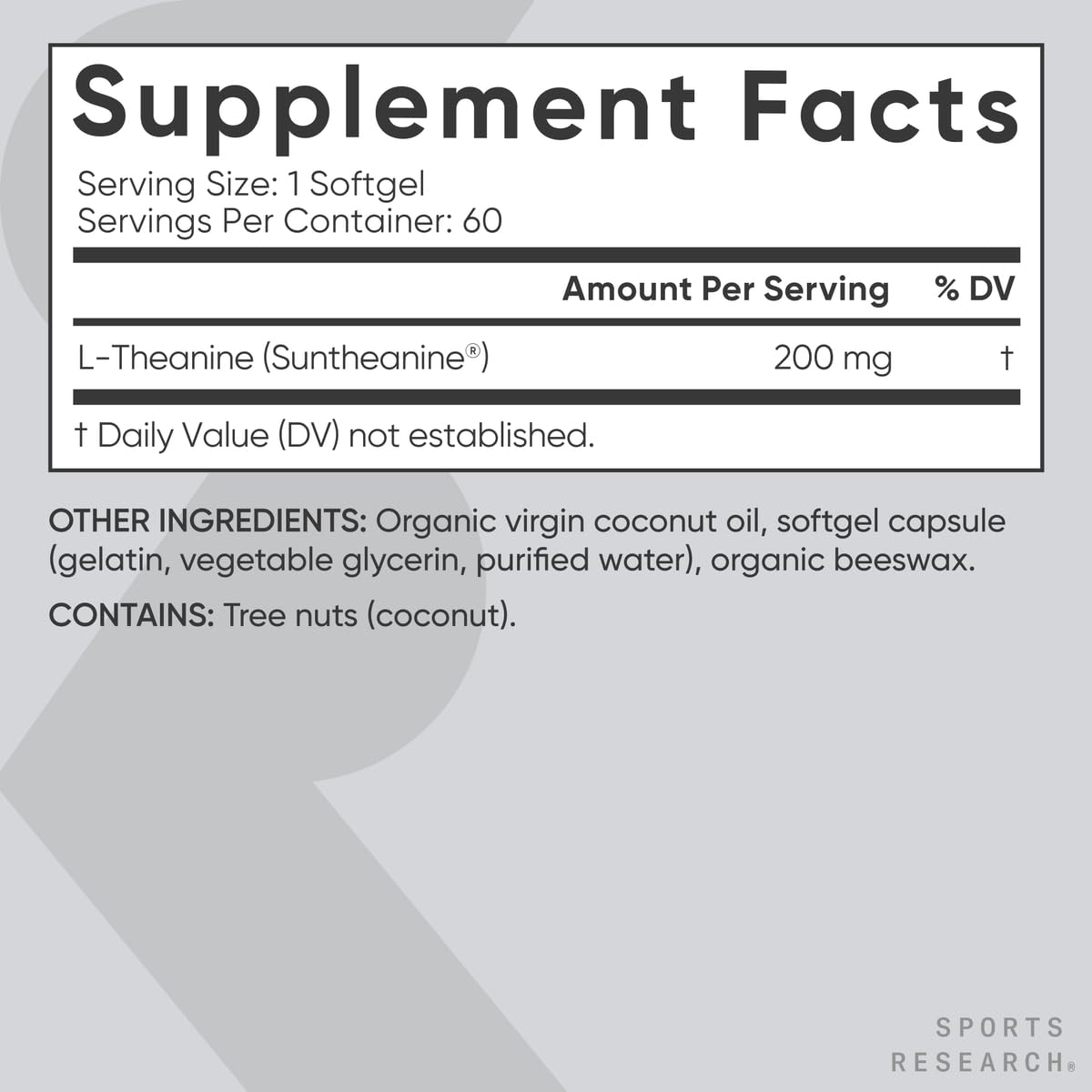 Sports Research Suntheanine formula inside view emphasizing patent-pending blend.