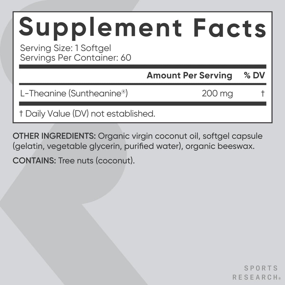 Sports Research Suntheanine formula inside view emphasizing patent-pending blend.