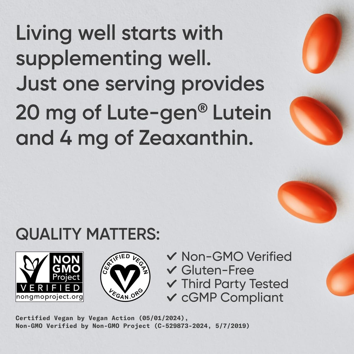 One capsule serving showing 20 mg lutein and 4 mg zeaxanthin