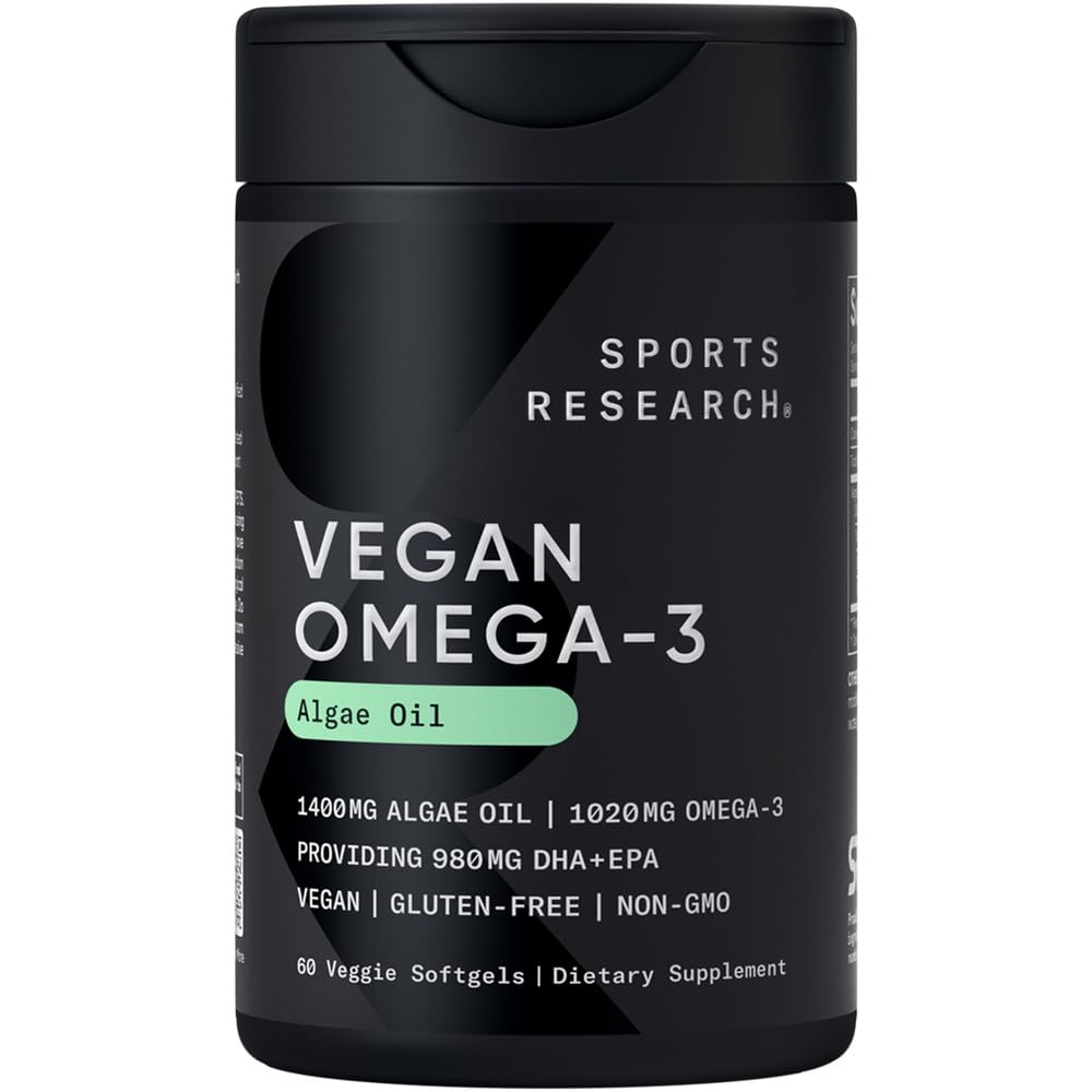 Sports Research Vegan Omega-3 from algae oil bottle and label
